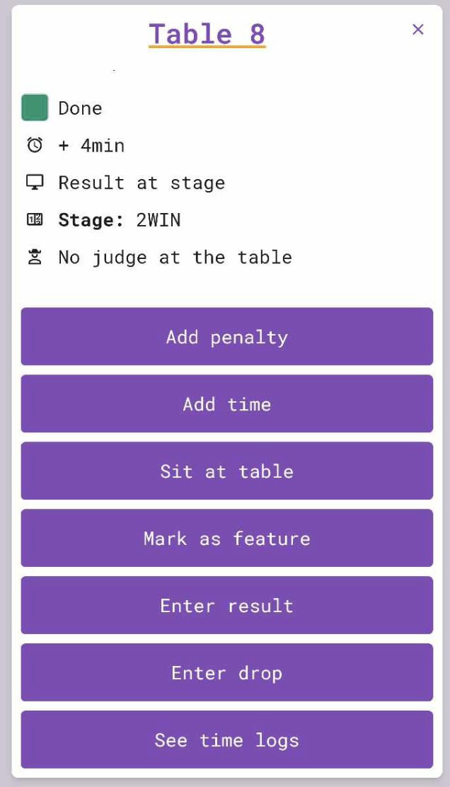 PurpleFox table detail β extensions, judge assignments, and player info